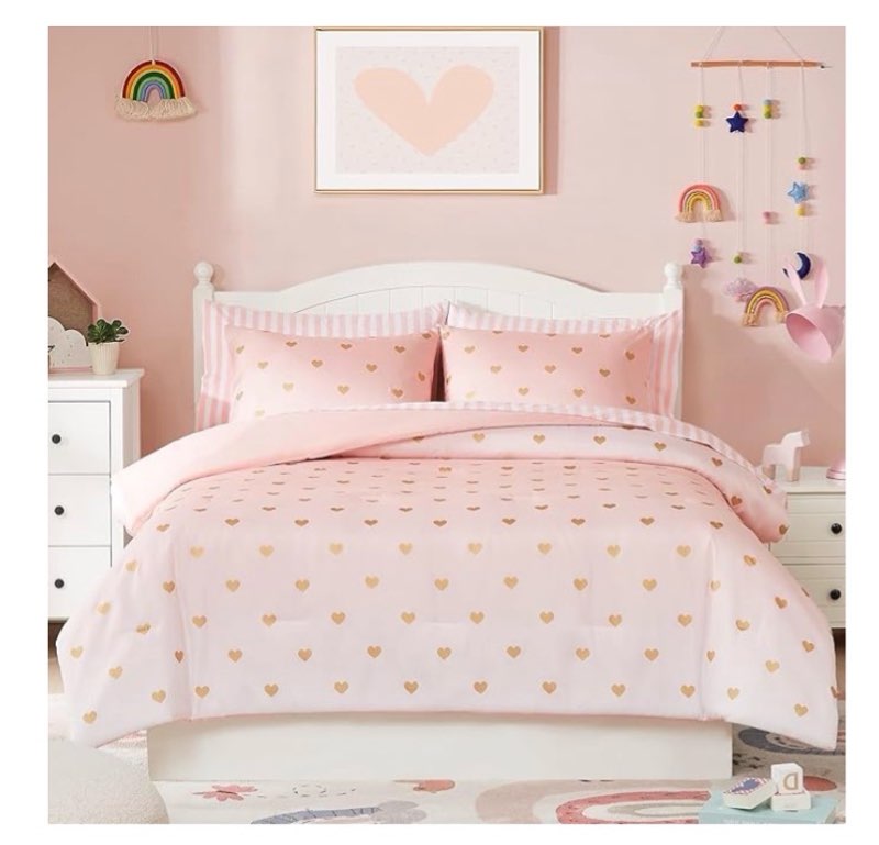 full size comforter sets with sheets for girls-7 pieces full size bedding sets with pink comforter, sheets, pillowcases & shams for kids (pink gold heart, 76" x 86")