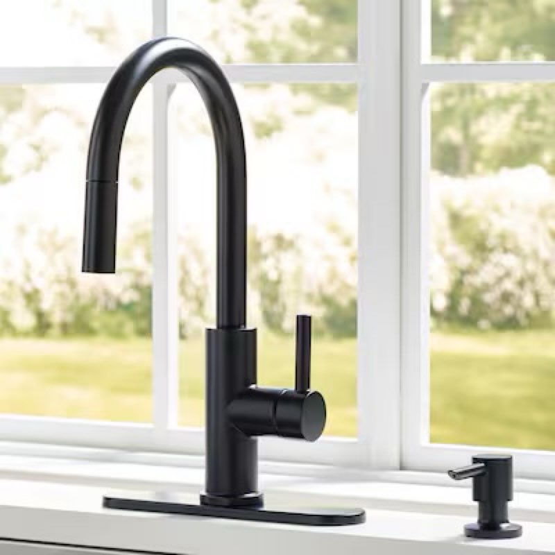 allen + roth Harlow Simplefit Matte Black Single Handle Deck-mount Pull-down Kitchen Faucet with Sprayer (Includes Deck Plate) (Includes Soap Dispenser)