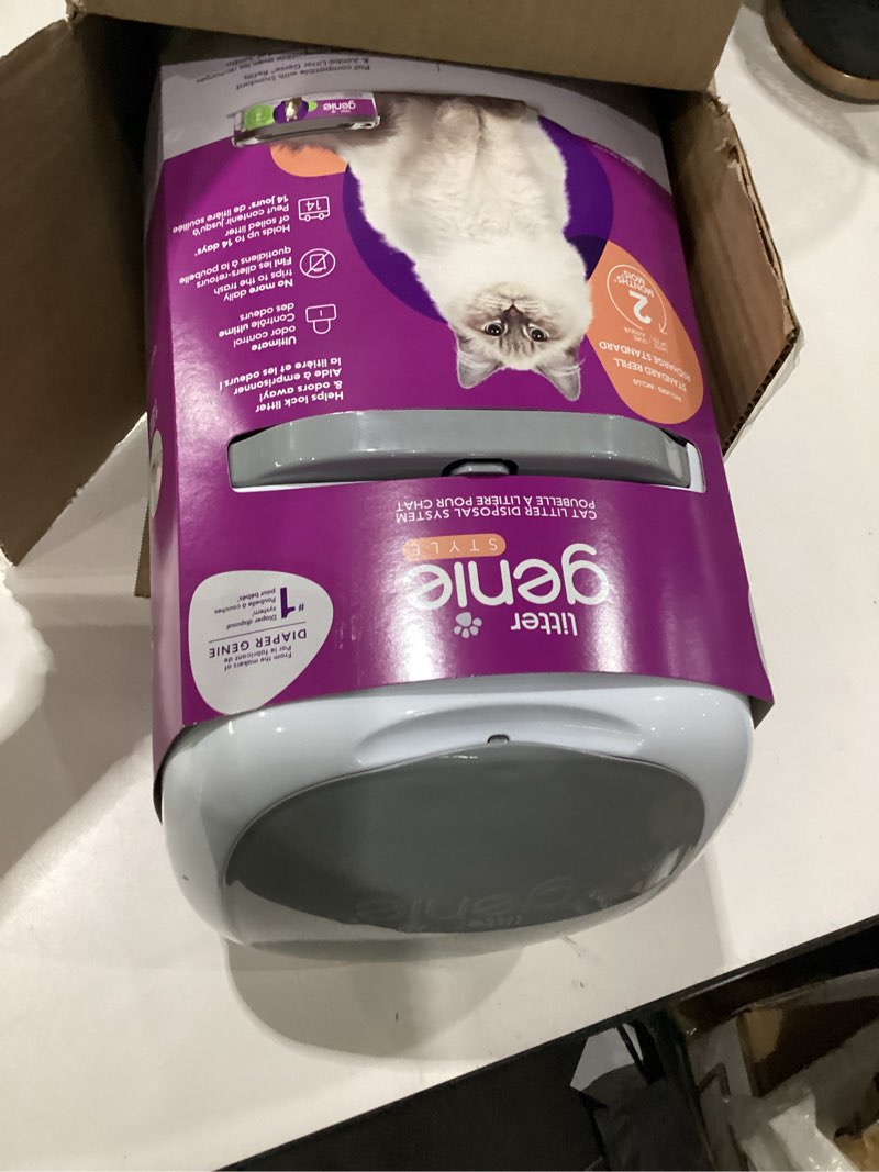 Condition photo showing Good Condition for litter genie style pail cat litter box waste disposal system for odor control includes 1 square refill bag white