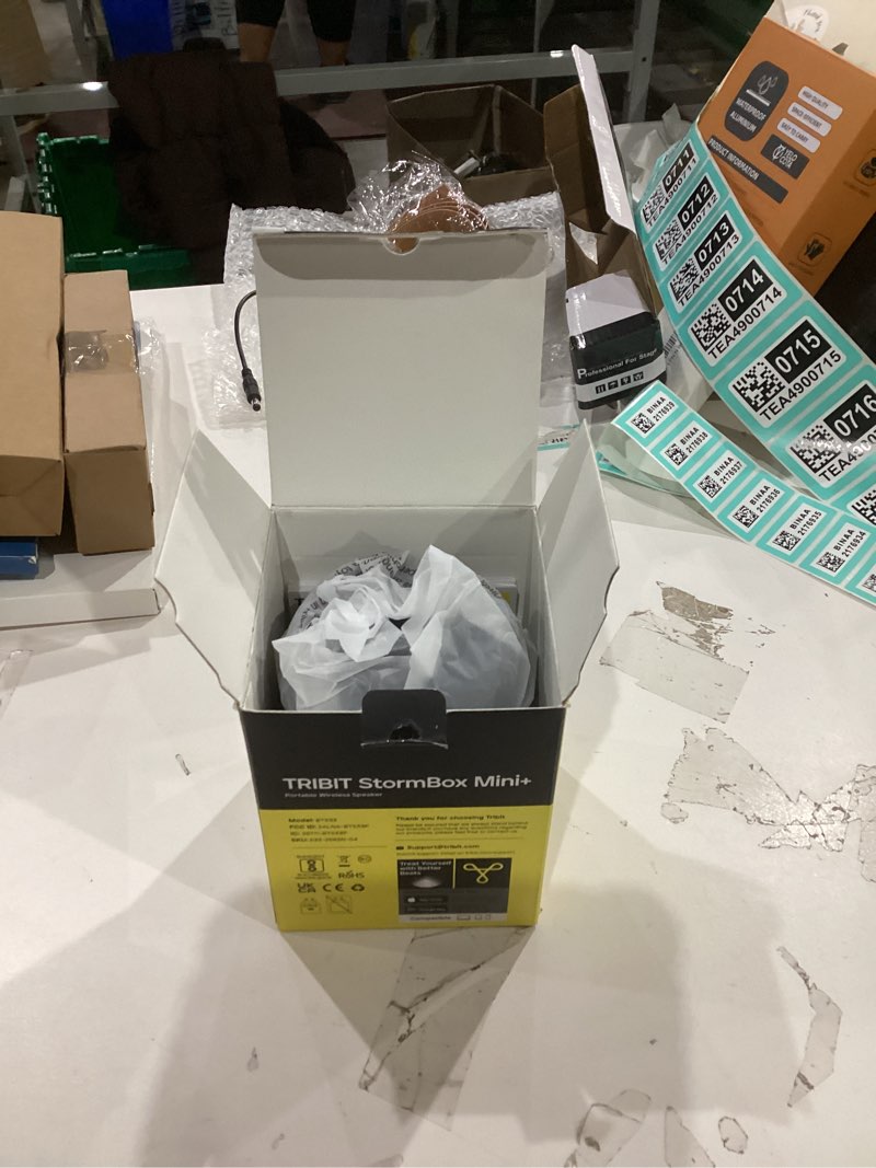 Condition photo showing New/Like New for tribit stormbox mini+ portable bluetooth speaker, 12w wireless speaker with 360°surround sound, 12h playtime, custom eq, bt5.4, ipx7 waterproof, rgb lights, type-c, tws, aac/sbc, home/outdoor/travel black