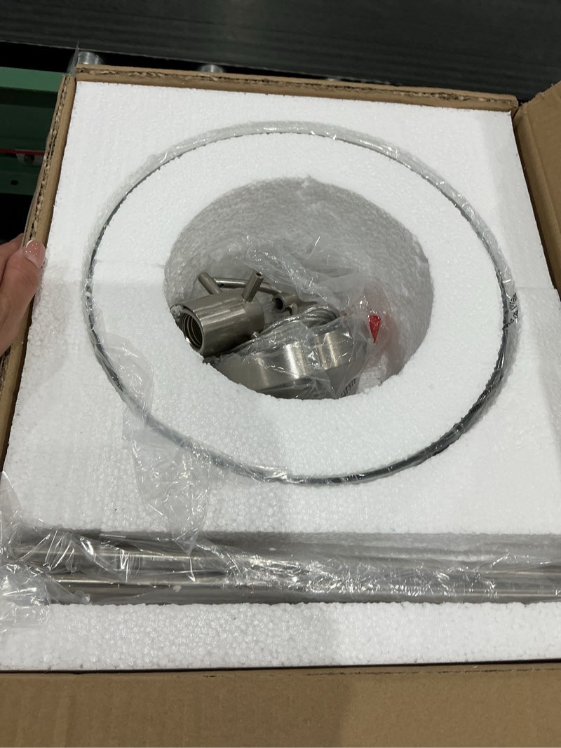 Condition photo showing Good Condition for wuzups chandelier rustic farmhouse industrial round ceiling pendant led light fixture with clear glass shades for dining room kitchen island foyer entryway, h 9.4" x w 10.6", e26 base, brushed nickel