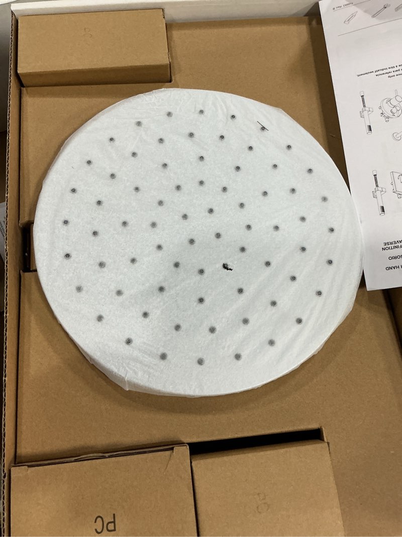 Condition photo showing New/Like New for delta modern 14 series round rain shower system faucet set, rainfall chrome shower head and handle set, valve trim kit, 10 inch, chrome 342702