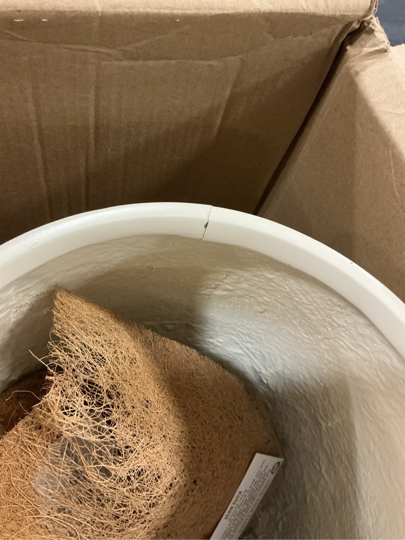 Condition photo showing As Is for 12.5"H x 11.4"D Corso Fiberstone Round Tapered Planter, Christmas Tree Planter, Smooth Finishes, Weather Resistant for Indoor & Outdoor Use, 2 Extra Coco Mats (Kilim Beige, 9" Pot Opening) Kilim Beige 12.5"H x 11.4"D