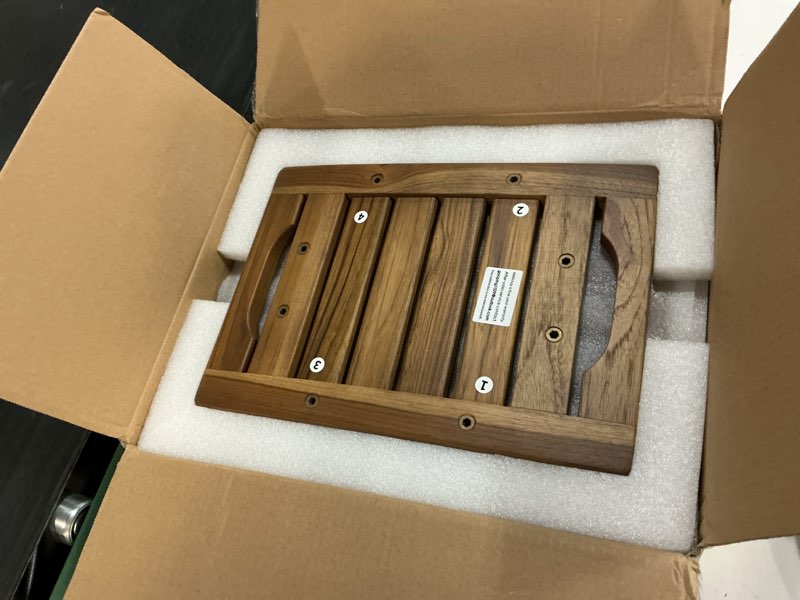Condition photo showing New/Like New for 14" compact teak shower stool with shelf & handle - waterproof, non-slip bath bench for small bathrooms/tub/outdoor use, 300 lbs capacity (patented) 14"w x 10" dx 17"h