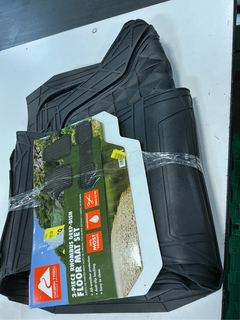 Condition photo showing Good Condition for ozark trail 3-piece black deep dish rubber car floor mats, anti-slip 3d rhombus waterproof, all weather universal trim-to fit for car, suv and truck mats