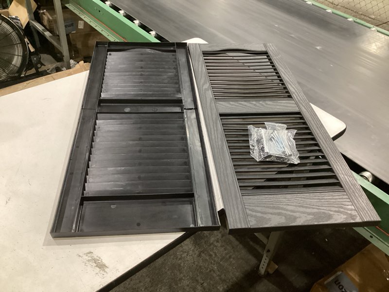 Condition photo showing New/Like New for ekena millwork lifetime vinyl ll1s14x03600bl standard cathedral top center mullion, open louver vinyl shutters, w/installation shutter-lok's & matching screws (per pair), 14 1/2"w x 36"h, black 14.5-in. w x 36-in. h 002 - black
