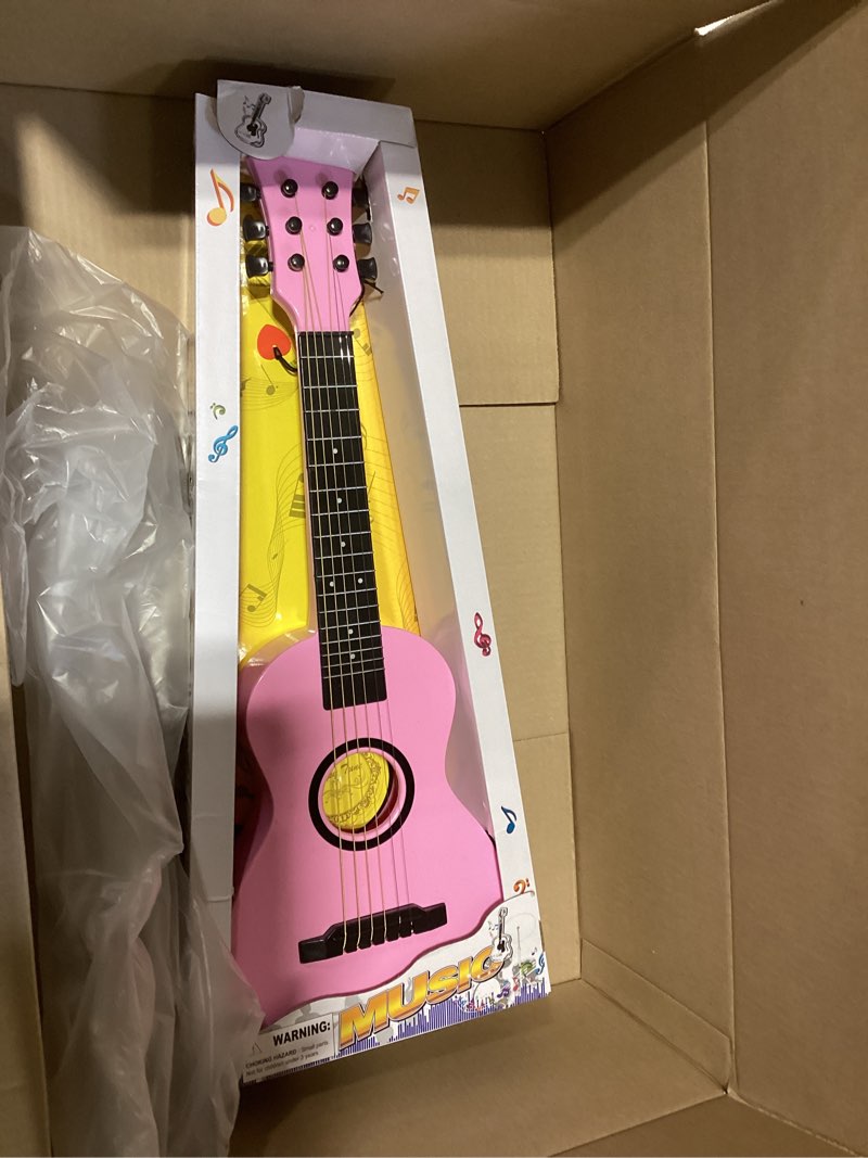 Condition photo showing New/Like New for 23" acoustic guitar, kids 6 string toy guitar - realistic steel strings - beginner practice first musical instrument for children, toddlers (pink)