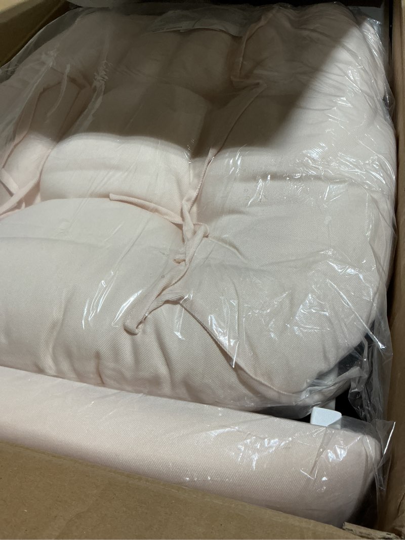 Condition photo showing New/Like New for storkcraft premium hoop glider & ottoman (white/pink) — greenguard gold certified nursery glider, solid wood craftsmanship, smooth-gliding nursery chair and ottoman, award-winning
