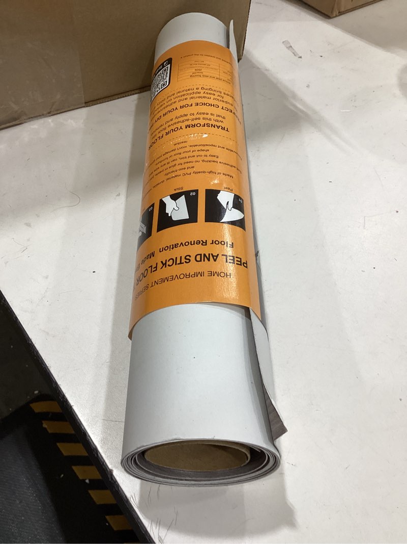 Condition photo showing Good Condition for wood grain peel and stick floor tiles – 11.8” width, full roll length of 118" – versatile design for any space, grey self adhesive vinyl flooring, waterproof and non-slip features