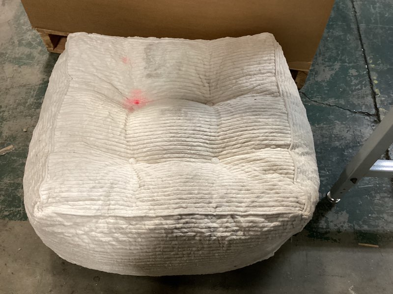 Condition photo showing As Is for HIGOGOGO Square Stuffed Pouf Ottoman, Corduroy Poufs with Foam Chunk Filling, Furry and Fluffy Pouf Foot Stool Storage Ottoman, 21 X 21 Floor Poufs Foot Rest for Living Room, Beige