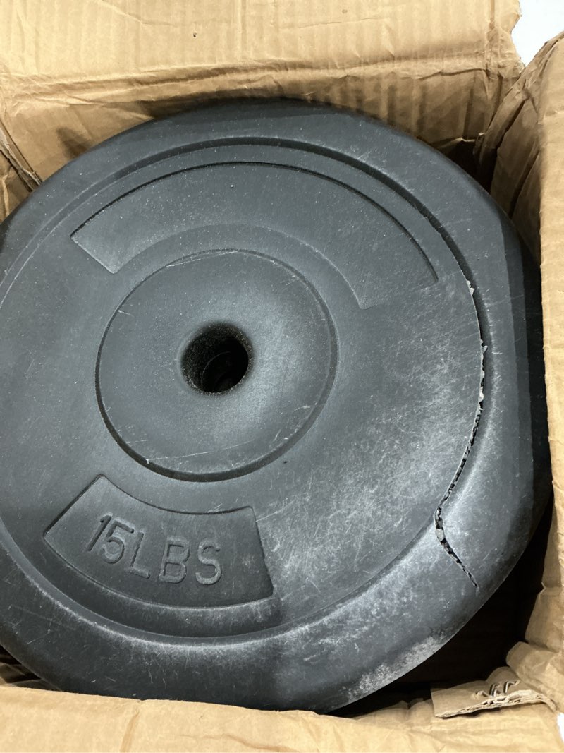Condition photo showing As Is for signature fitness vinyl standard 1-inch plate weight plate for strength training and weightlifting, multiple sizes
