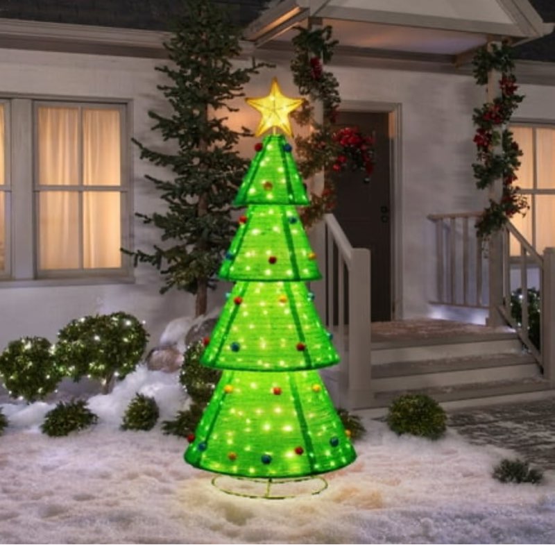 Tree  3D Tinsel Santa Holiday Tree Outdoor Garden Yard Lawn Festive Holiday Decoration with Lights for Indoor & Outdoor