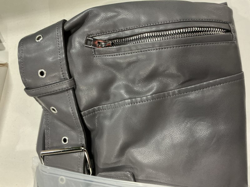 Condition photo showing New/Like New for ly varey lin women faux leather cropped jacket vegan motor biker coat with belt grey medium