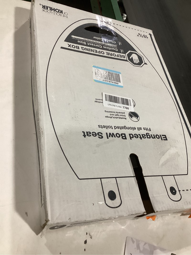 Condition photo showing As Is for KOHLER 4636-RL-7 Cachet ReadyLatch Elongated Toilet Seat, Quiet-Close Lid and Seat, Countoured Seat, Grip-Tight Bumpers and Installation Hardware, Black