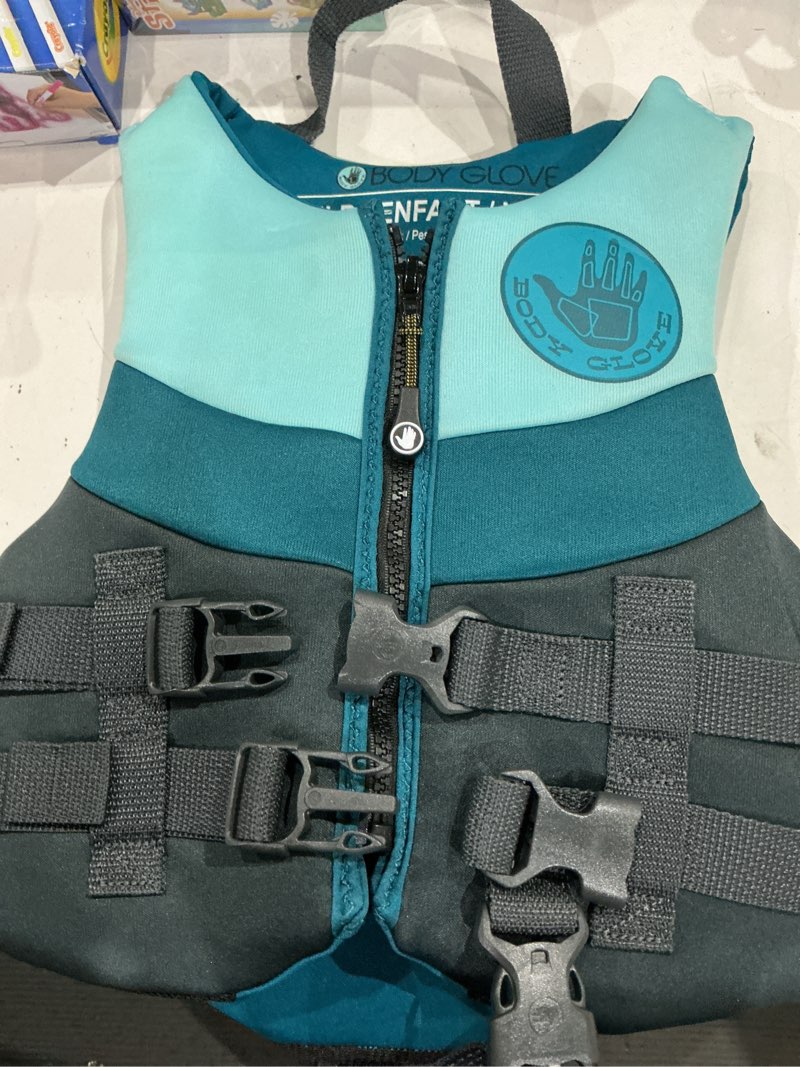 Condition photo showing As Is for body glove child's neoprene pfd life jacket and vest, boy, 33-55 lbs., blue