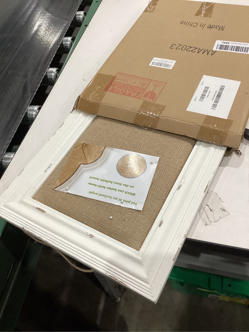 Condition photo showing As Is for SOFE Cute Linen Small Bulletin Board, 15.7×12 Inches White Decorative Cork Boards for Walls with Frame, Wood Vision Board Farmhouse Pin Board for Home Office School, Rustic Memo Board Display Photo 15.7" x 1.2" x 11.8" White