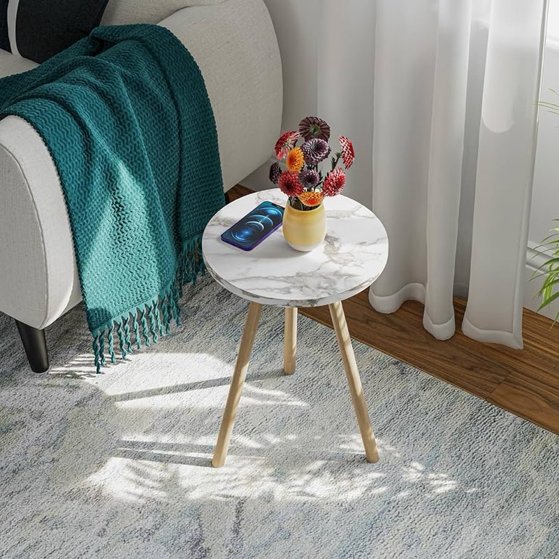 intergo round side table, single nesting coffee table with wooden legs, modern round wood table for living room (white)