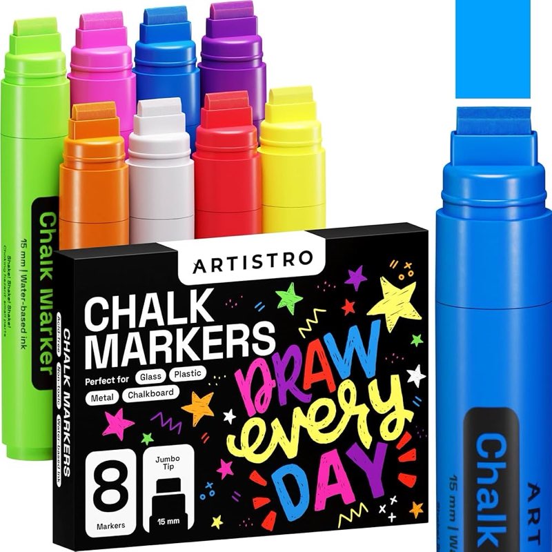 artistro 8 liquid chalk window markers for car glass washable - jumbo tip 15 mm - vibrant, erasable, non-toxic markers for glass, signs, windows, cars, chalkboard for kids & adults