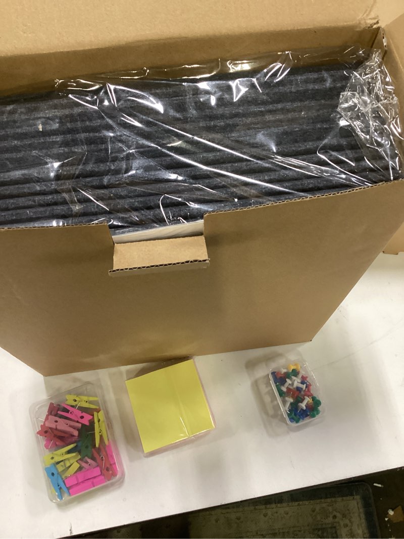 Condition photo showing New/Like New for Large Cork Board 48"x36", 12 Pack Felt Bulletin Board for Walls Cork Boards Tiles with Sticky Notes, Push Pins & Clips,Tack Board for Office Home Gray Dark Gray 12 PCS