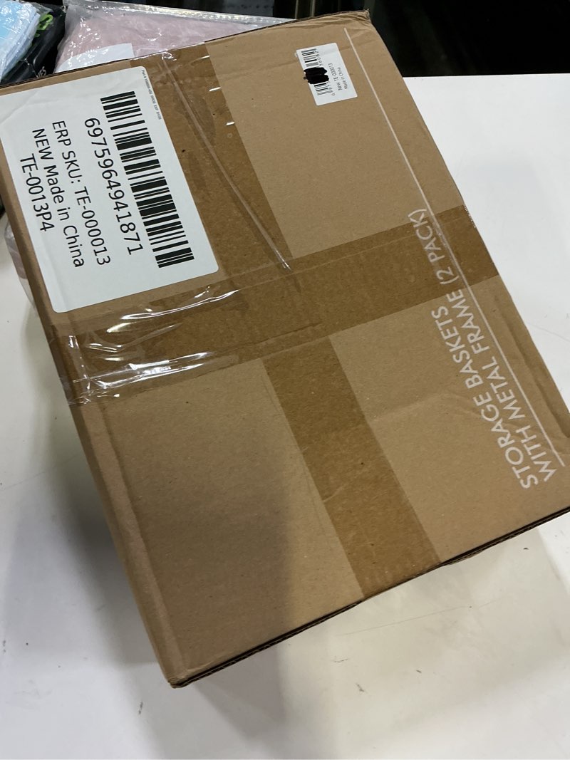 Condition photo showing New/Like New for storage basket bins with metal frame, large collapsible fabric storage baskets for organizing shelf, basket organizer w/handles for blankets, towels, laundry, shelves, 2-pack, beige