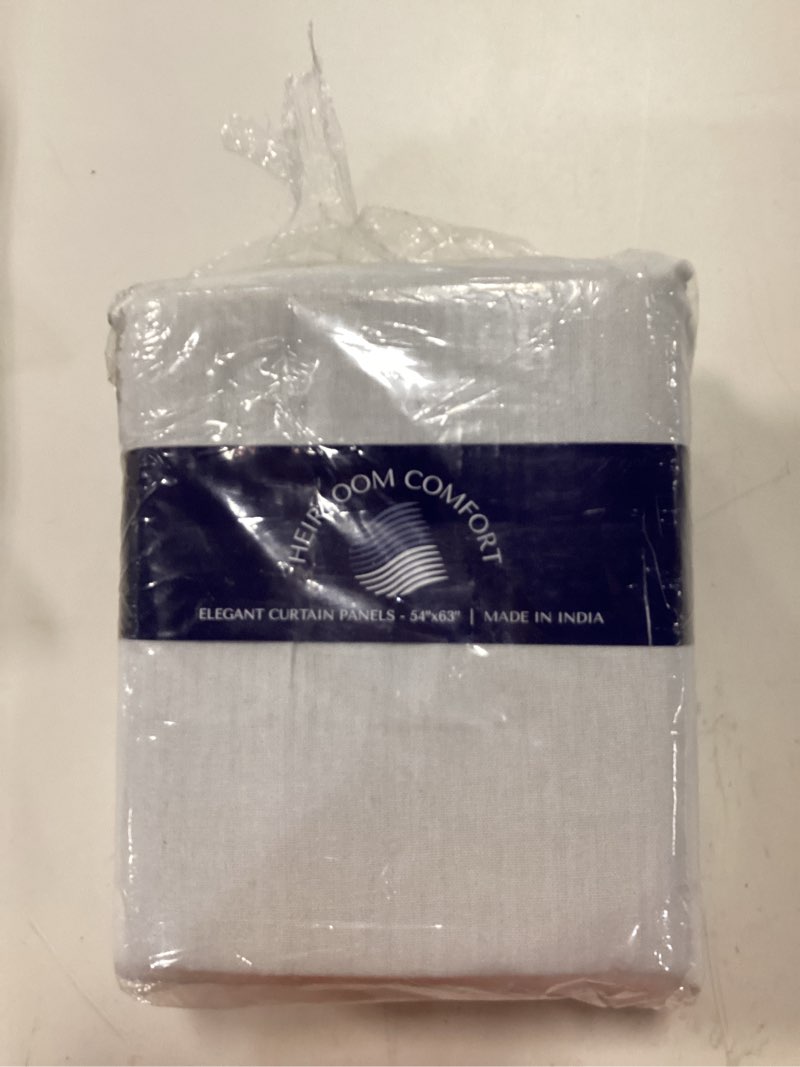 Condition photo showing New/Like New for white solid panel curtains, 63 inches long, set of 2, 100% cotton, light filtering for privacy, classic farmhouse elegance, ideal for bedroom, living room, 54" w x 63" l