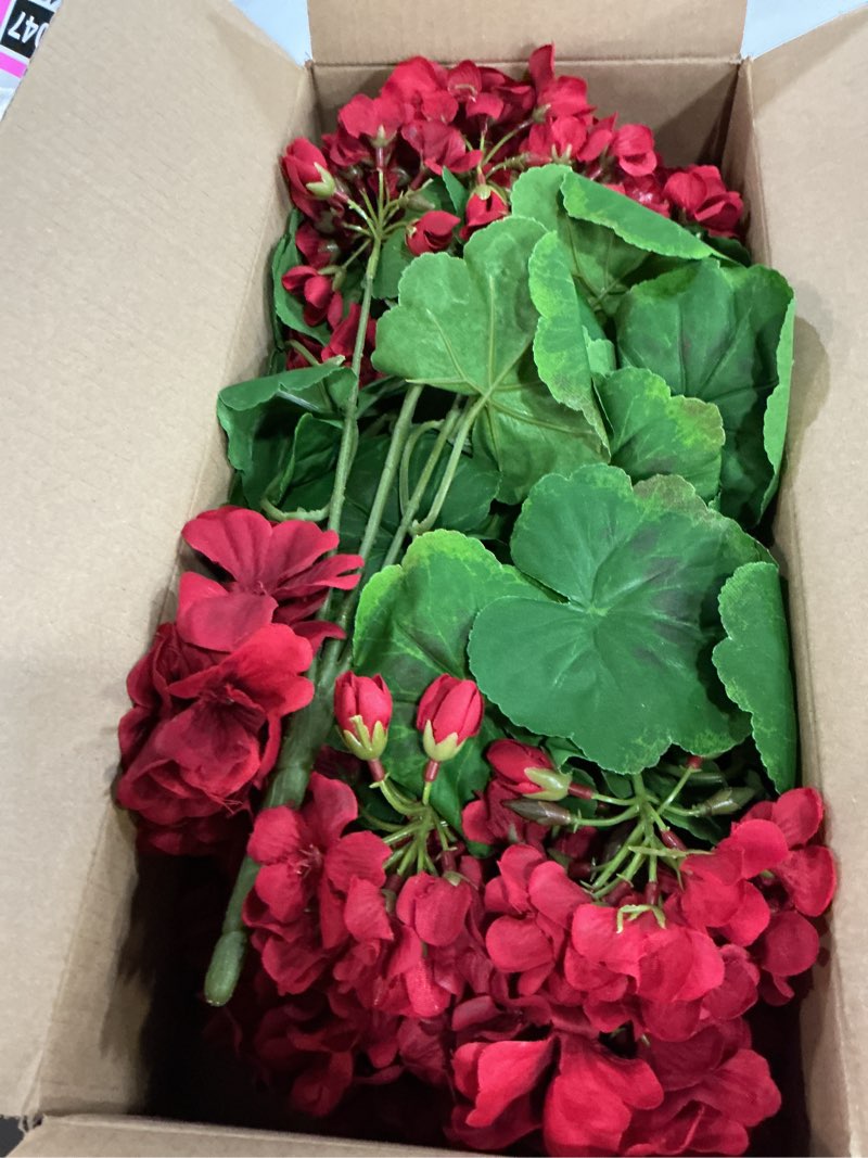 Condition photo showing New/Like New for forest prince 4 pcs 18" artificial geraniums for outdoors, uv resistant red silk flowers for window box porch patio garden decor, waterproof ruby red rubyred 4pcs