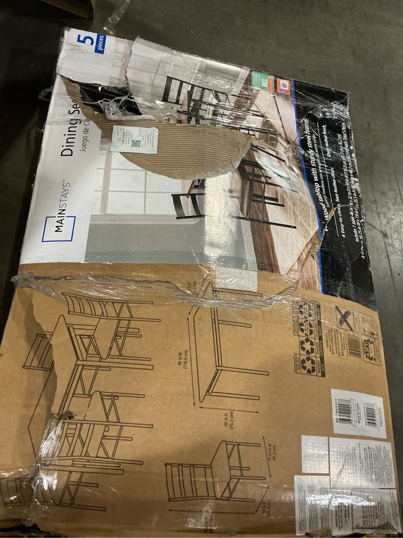 Condition photo showing As Is for mainstays 5-piece wood & metal dining room set, canyon walnut & black