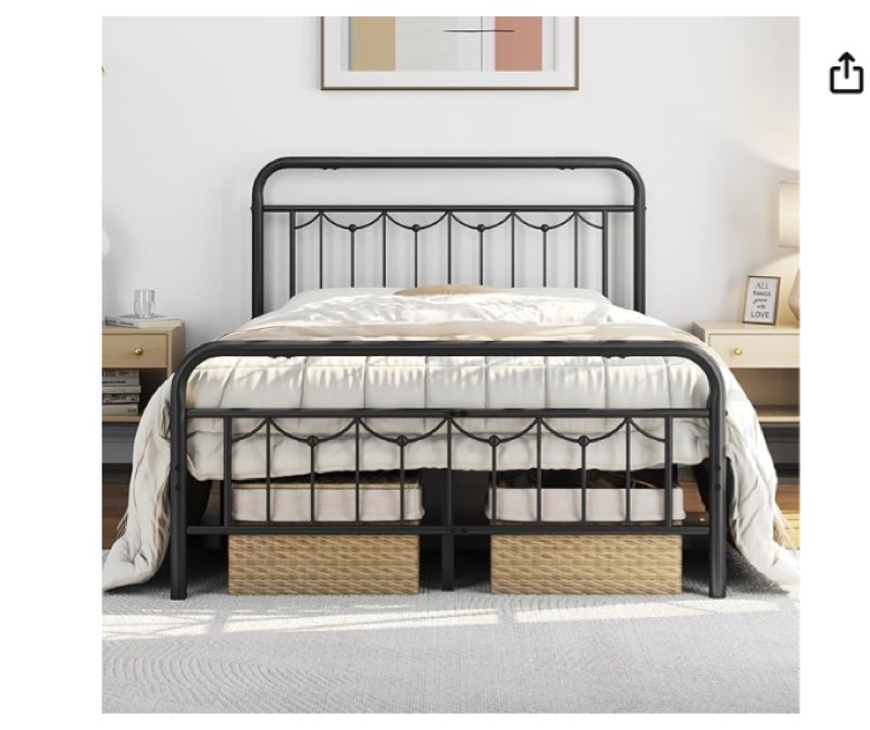 yaheetech full size metal bed frames with vintage headboard and footboard, farmhouse metal platform bed, heavy duty steel slat support, ample under-bed storage, no box spring needed, black