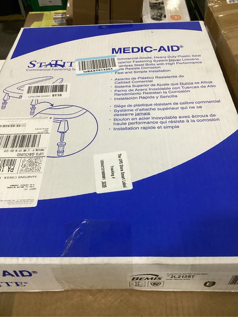 Condition photo showing New/Like New for bemis 2l2155t 000 medic-aid 2" lift raised open front plastic toilet seat, elongated, long lasting solid plastic, white elongated open front seat - 2-inch lift