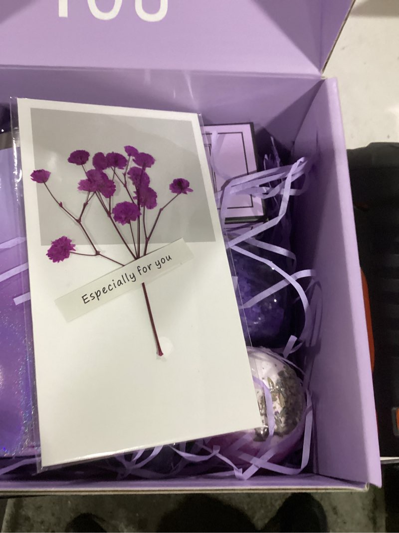 Condition photo showing As Is for gifts for women, mom, wife, girlfriend, sister, her - happy birthday, christmas, valentine's day, mothers day gifts - lavender spa gift basket set