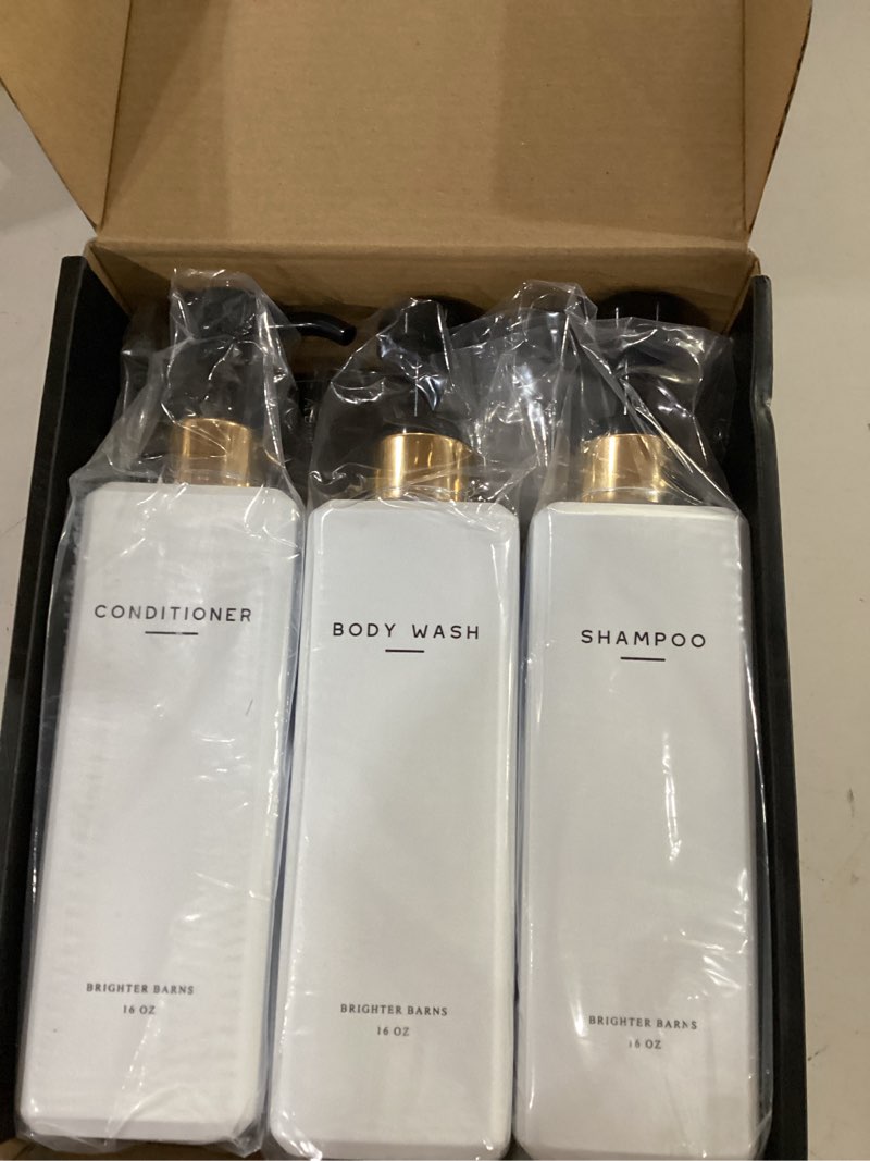 Condition photo showing Good Condition for white shampoo and conditioner dispenser set by brighter barns - refillable shampoo and conditioner bottles - reusable shower soap dispenser in hotel, gold bathroom, guest house, modern airbnb (white)