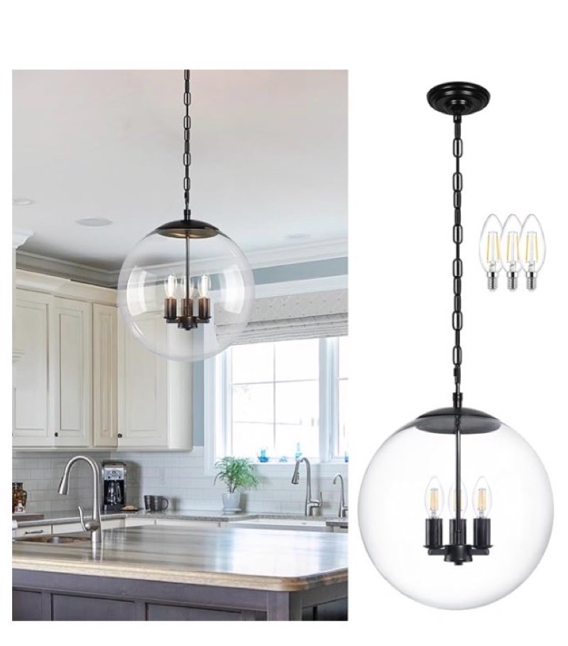 KoKo&Yukina 13.7" Black Globe Pendant Light Mid Century Pendant Light Clear Glass Pendant Lights Kit