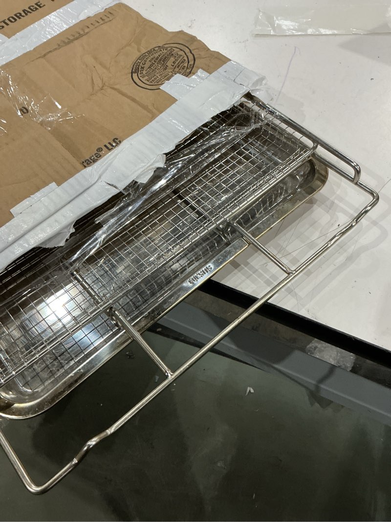 Condition photo showing As Is for new upgrade air fry tray for 30" oven with drip pan, compatible with frigidaire wall ovens, ranges, and wall oven/microwave combinations 30" with drip pan