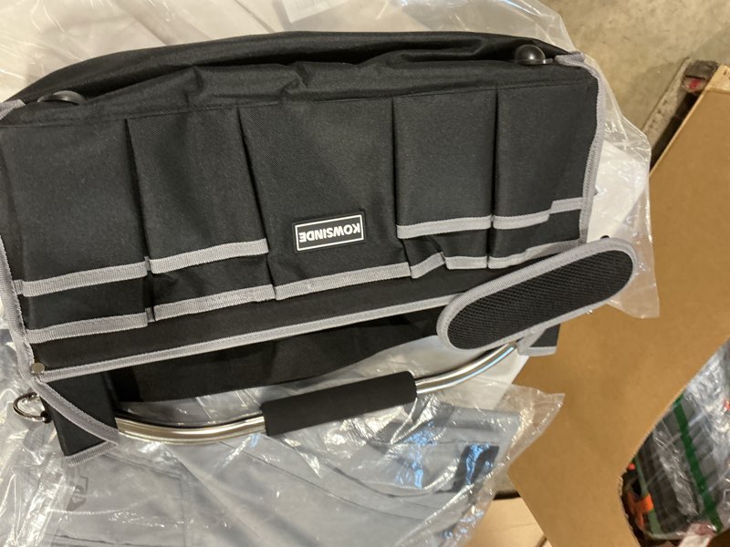 Condition photo showing Good Condition for 16 inch tool bag, electrician tool bag, open top tool bags, 26 pockets can hold many tools, steel handle and removable shoulder strap grey