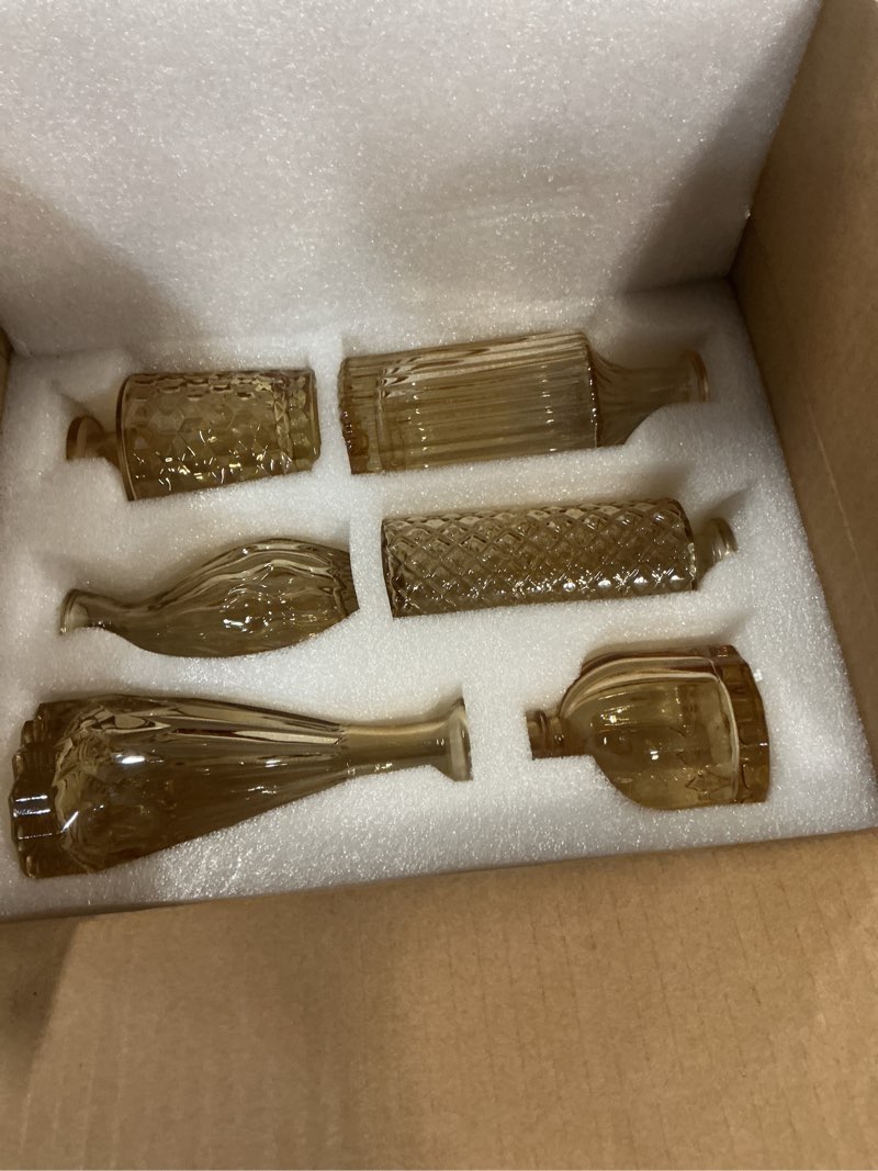 Condition photo showing New/Like New for gold amber glass bud vases set of 12, small vases for flowers, champagne mini vintage vases for centerpieces,bud vase in bulk for wedding decor,single flowers,office and home table flower décor 12pcs-gold amber