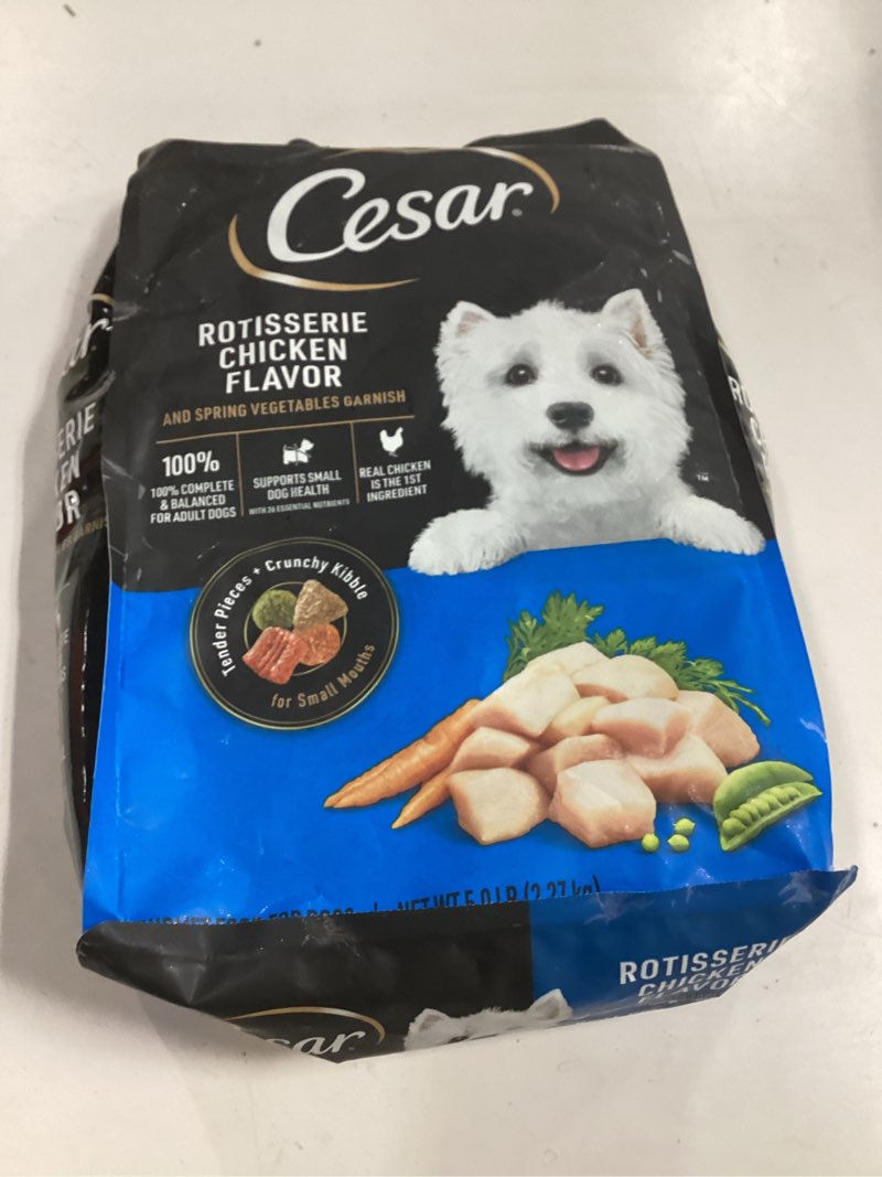 Condition photo showing New/Like New for (( BEST BY/04/22/2026))Cesar Rotisserie Chicken, Carrot, Pea and Vegetable Flavor Small Breed Dry Dog Food - 5lbs