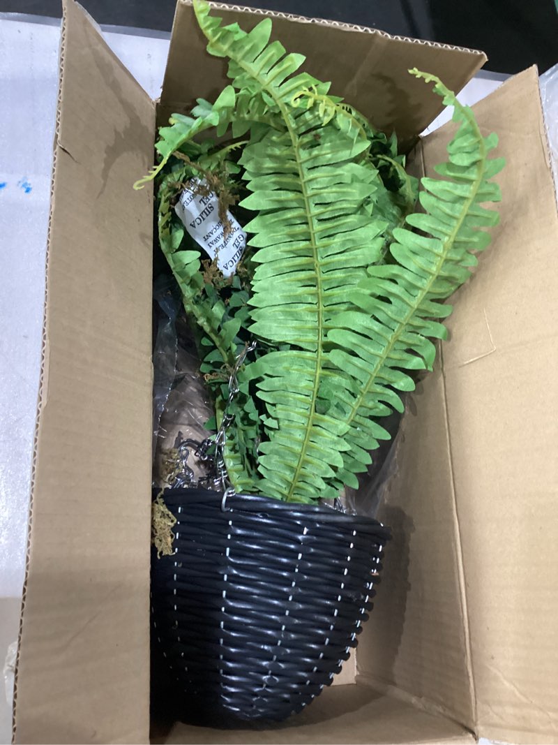 Condition photo showing As Is for Artificial Fern Hanging Basket Plant 25" Boston Ferns 31 Leaves Greenery Plants with Rattan Pot for Outdoors & Indoor Fake Fern Bush Plant in Pot for Patio Entrance Porch Garden Decor Dusty Green Hanging Basket - Dusty Green Medium 2