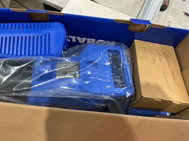 Condition photo showing As Is for kobalt 40-volt 600-cfm 130-mph battery handheld leaf blower 4 ah battery included charger included
