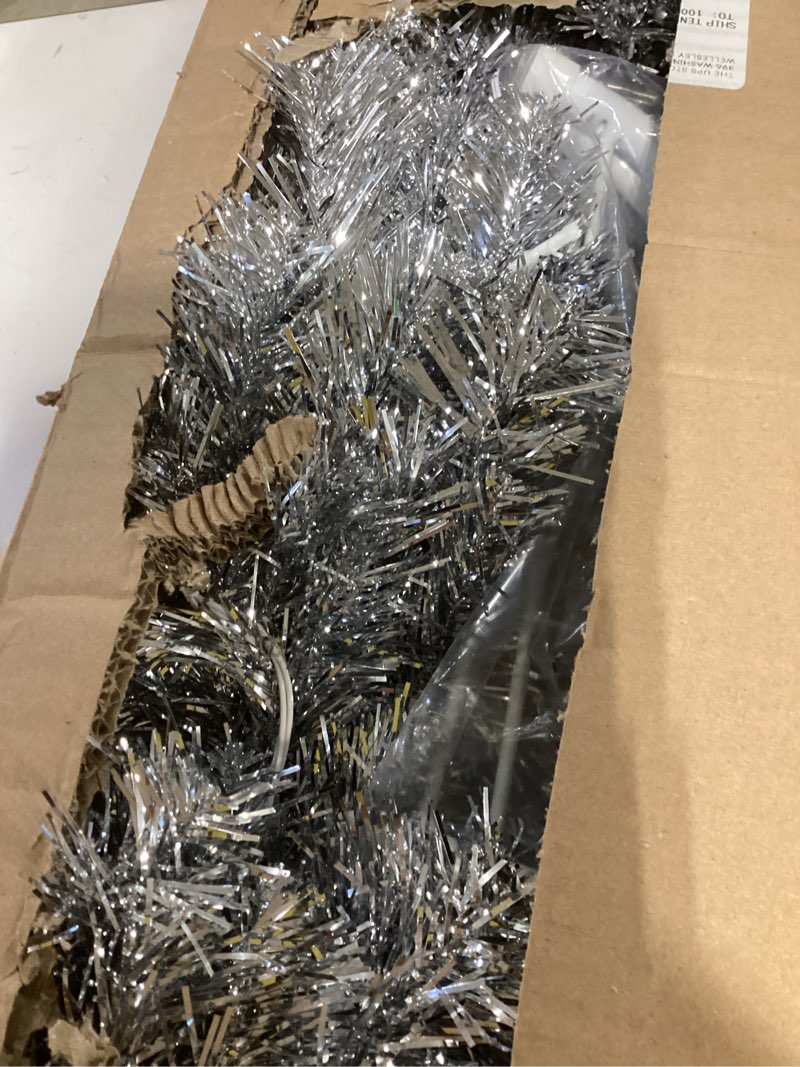 Condition photo showing As Is for Decoway Pre-lit Pencil Christmas Tree 6ft Artificial Silver Tinsel Xmas Tree with Metal Stand