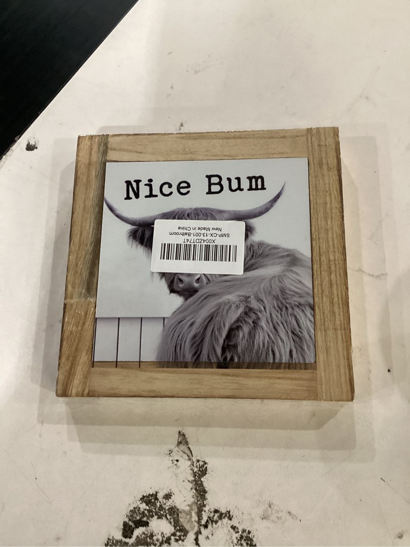 Condition photo showing New/Like New for nice bum funny bathroom decor, wooden box sign with bull, decorative wooden block sign for toilet, decorative signs for home toilet bathroom shelf table top desk 5.9x5.9x0.7 inches style 12
