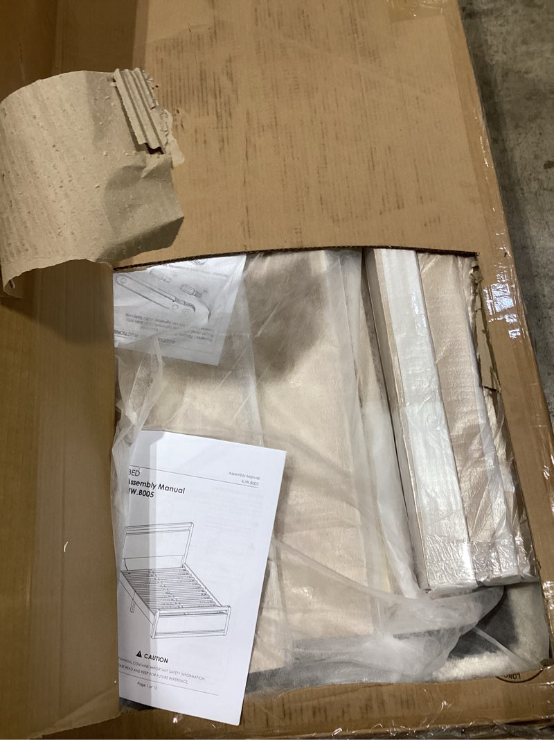 Condition photo showing Good Condition for kislot queen wood platform bed frame with boucle upholstered headboard, mid-century modern bed with usb charging station, solid wood slat support, noise-free, no box spring needed, natural cream full