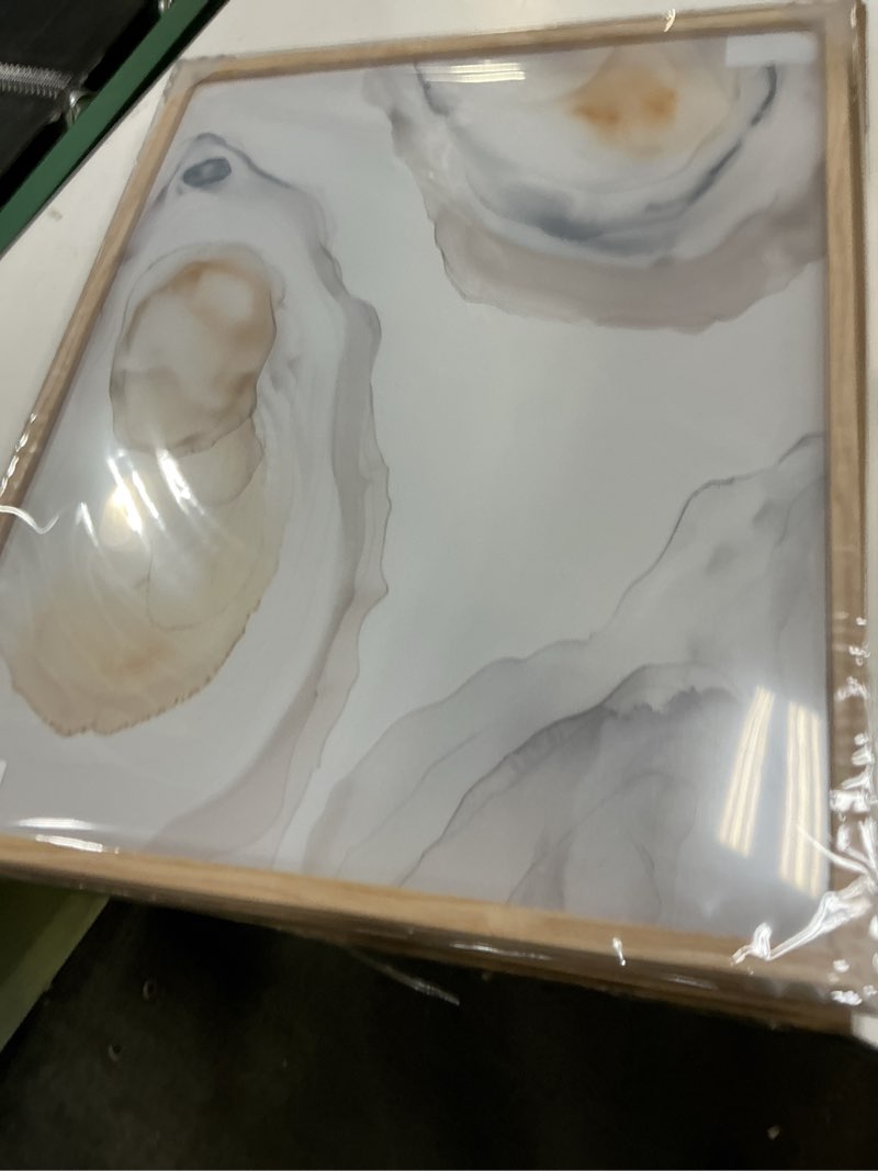 Condition photo showing New/Like New for ihery natural oak wood abstract coastal oyster framed wall art, large 16x20 in canvas wall art hamptons style beach house decor, abstract bathroom decor set of 1 for bedroom living room
