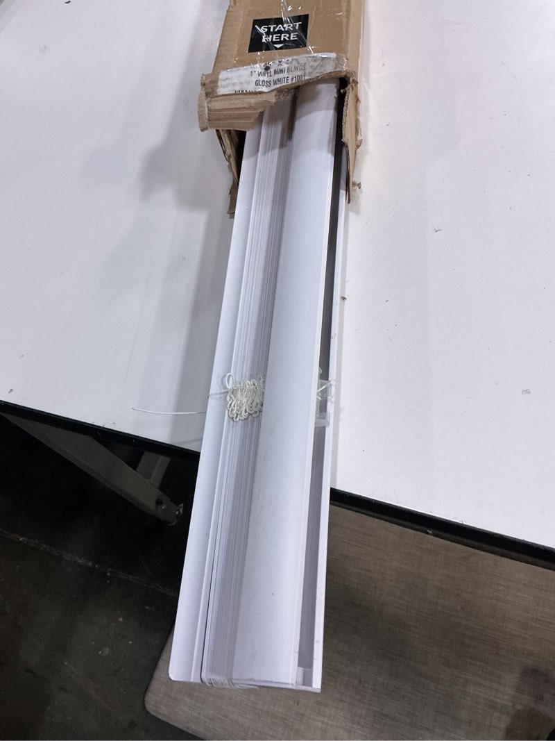 Condition photo showing As Is for CHICOLOGY Mini Blinds for Indoor Windows – 45"W x 48"H, White Horizontal Vinyl Blinds | Cordless | Easy to Install | Sleek Low-Profile Fit for Doors, Offices, Kitchens & Apartments