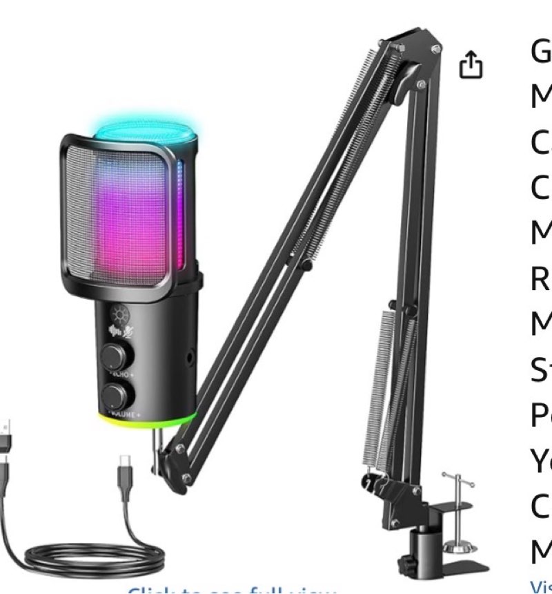 Gaming USB Microphone, Noise Cancellation Condenser Mic with Mute,Boom Arm Mic-Reverb Adjustment, Mo