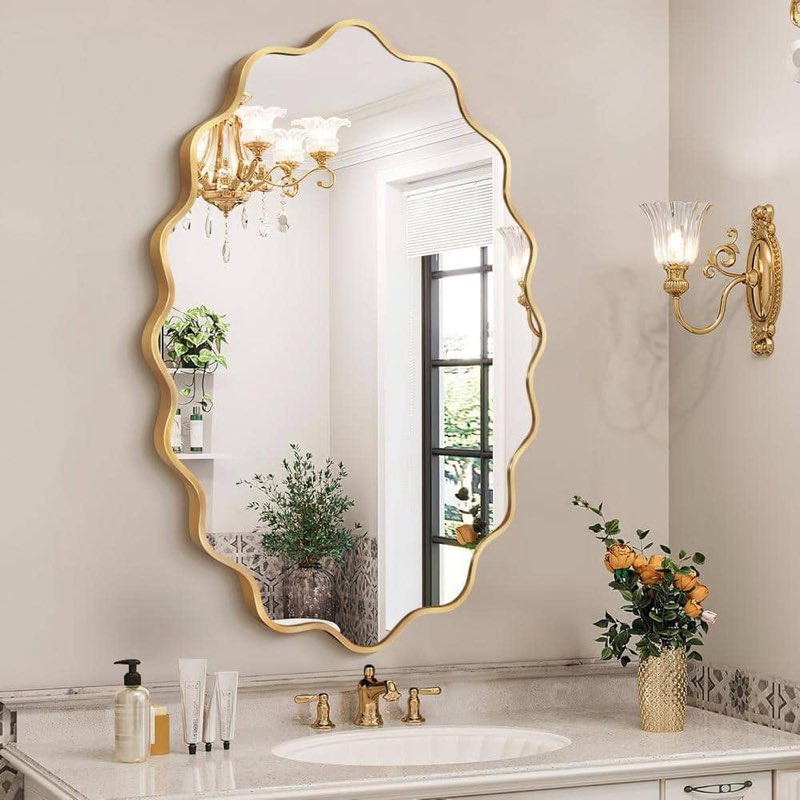 ANDY STAR Brushed Gold Scalloped Mirror - 24x32 Bathroom Mirror, Vintage Oval Wavy Wall Mirror, Bras