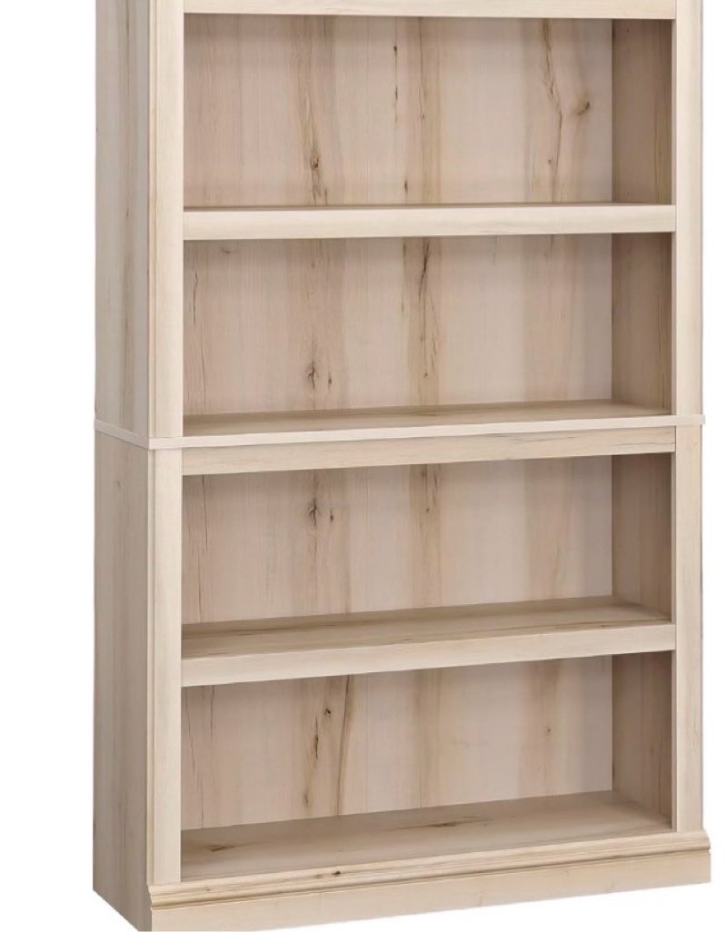 Condition photo showing As Is for sauder 5 tier book shelf wooden bookcase multipurpose bookshelf for home office, living room, in chalked chestnut