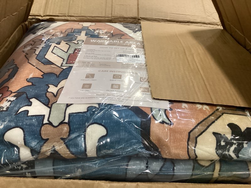 Condition photo showing New/Like New for Rugflix 9x12 Area Rug for Living Room, Vintage Washable Area Rug Non Slip Backing Low Pile, Floral Soft Foldable Carpet for Bedroom Dining Room, Blue Blue/Black 9' x 12' (Rectangular)