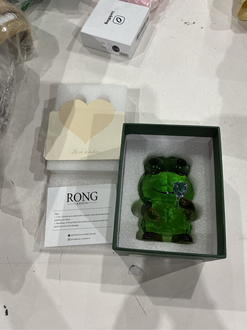 Condition photo showing New/Like New for crystal frog figurine - glass animals desk decor & home office ornament, collectible art gifts for frog lovers green frog-pink rose