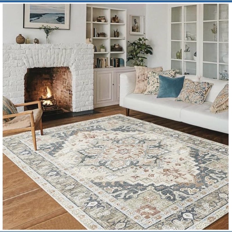 (Similar to stock photo) Washable Area Rugs 8x10 Living Room Boho Non Slip Thin Carpet Stain Resistant Vintage Linen Printed Oriental Foldable Distressed Rug for Bedroom Indoor House