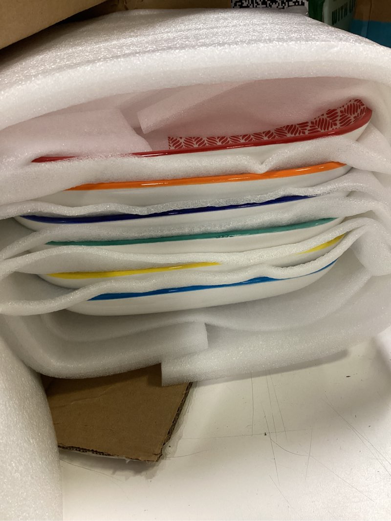Condition photo showing New/Like New for selamica porcelain 8-inch square dinner plates, salad pasta bowls, set of 6, assorted colors